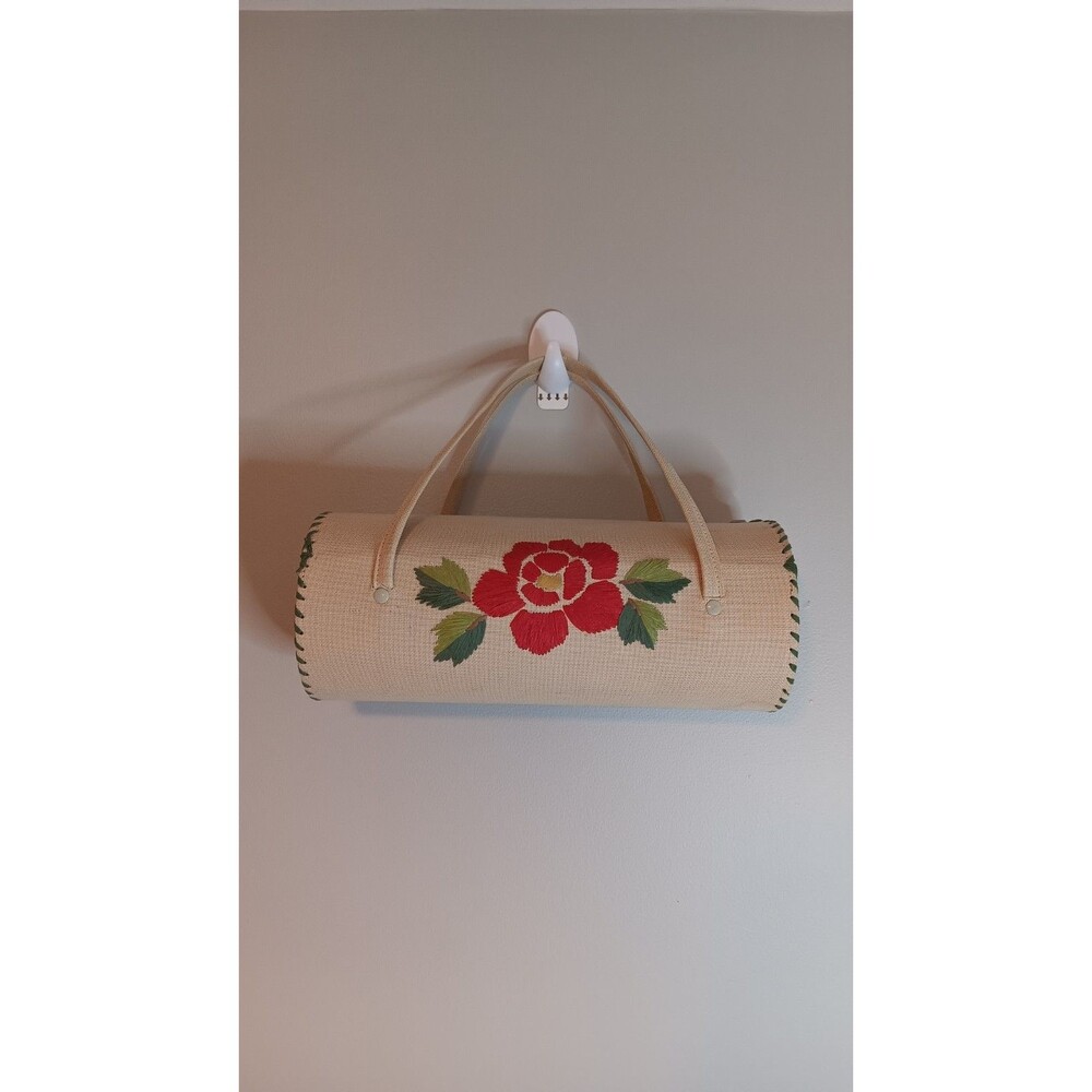 Made In Japan Tube Bag Floral Double Handle Cream Color Red Flower